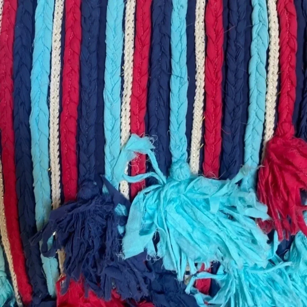 Red and Blue Tassel Striped Throw Pillow